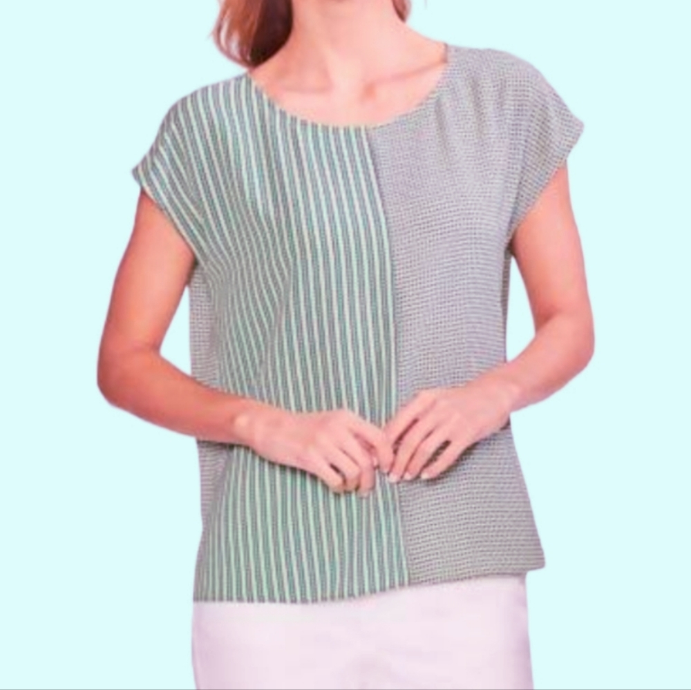 VINCE CAMUTO Aqua Blue Geometric Mix Stripe Print Short Cap Sleeve Boat Neck XS
